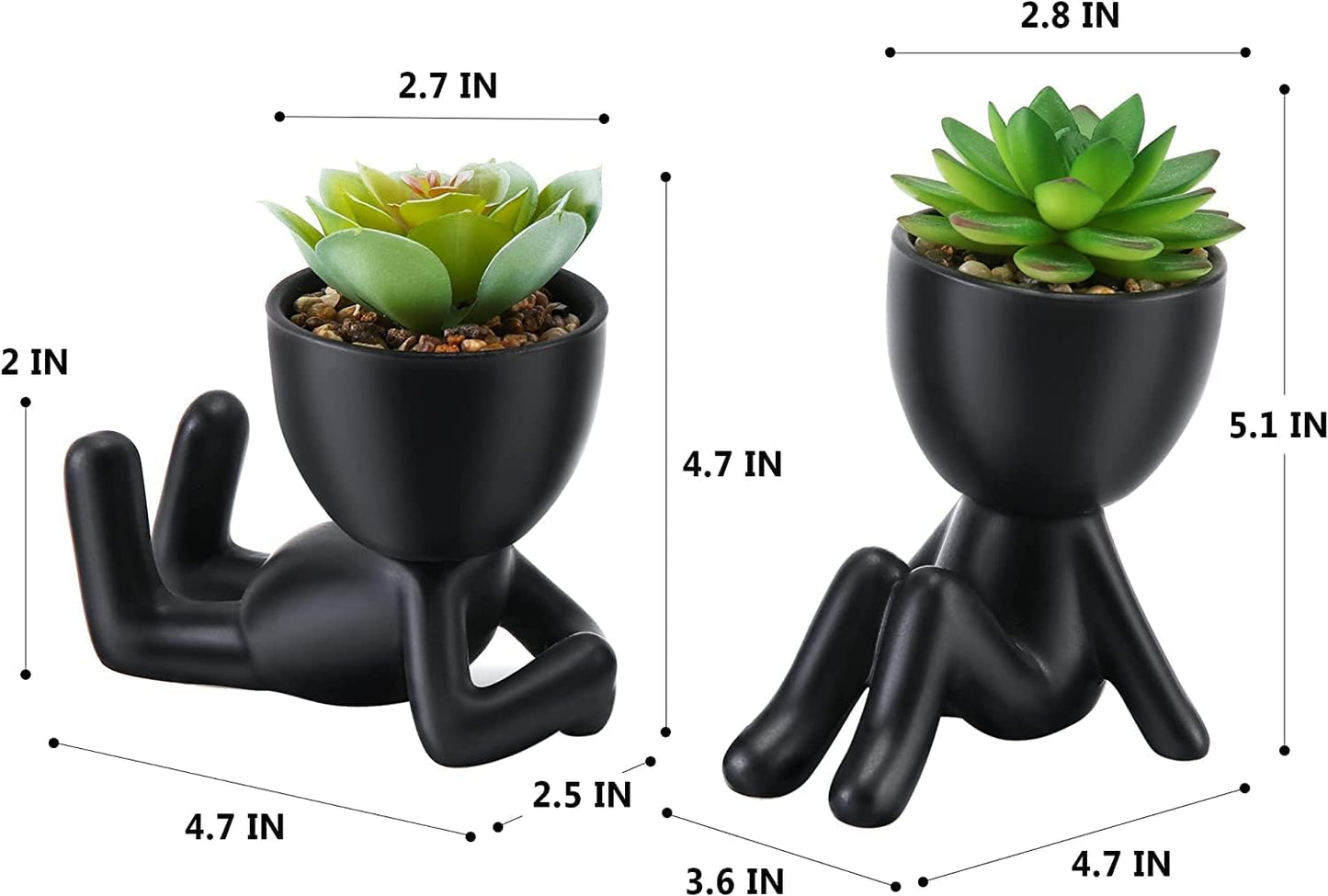 Fake Succulent, Mini Succulents Plants Artificial in Black Modern Human Shaped Ceramic Pots Cute Desk Decor Desk Plant for Office Decor, Cute Fake Plants Bathroom Decor 2PCS