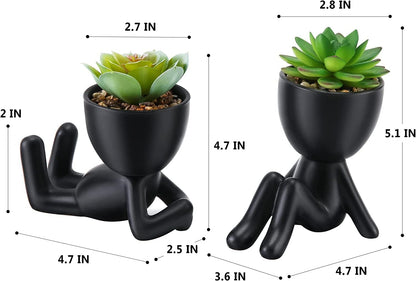 Fake Succulent, Mini Succulents Plants Artificial in Black Modern Human Shaped Ceramic Pots Cute Desk Decor Desk Plant for Office Decor, Cute Fake Plants Bathroom Decor 2PCS