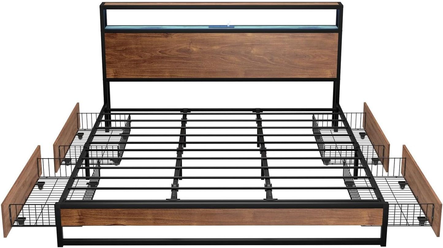 Oikiture King Bed Frame with Led Light and Charge Station Metal Bed with 4 Drawers