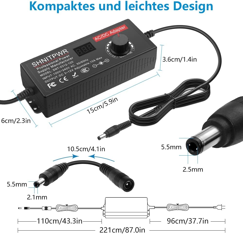 SHNITPWR Universal 3V to 12V 120W 10A 100~240V AC to DC 3V 7V 12V Power Supply with 14 Adapter Connectors for 3V to 12V Electronic Devices Tablet LED Strip etc.