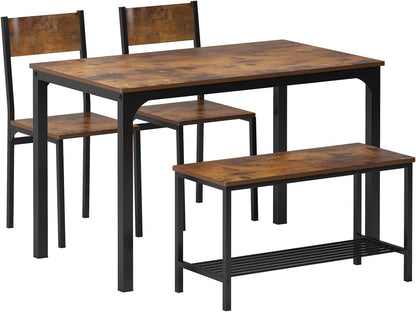 SDHYL Dining Table Set, Two Chairs and One Bench 4 Pieces Set Wooden Table Top with Metal Legs for Breakfast in Living Room, Kitchen Room, Dining Room,Space Saving Kitchen Table Set, Rustic Brown