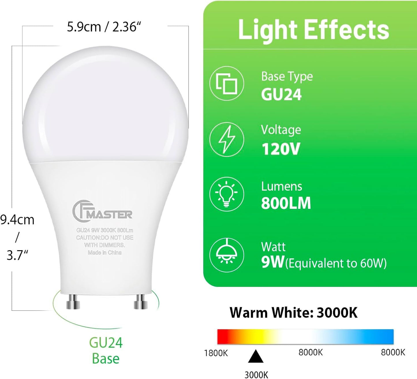 JIANGSILING GU24 LED Bulb, 3000K Warm White GU24 LED Light Bulb, 9W (60 Watt Equivalent), A19 Shape GU24 Light Bulb, Twist Lock GU24 LED Light Bulbs for Home Lighting, Non-Dimmable (16Pack, 3000K)