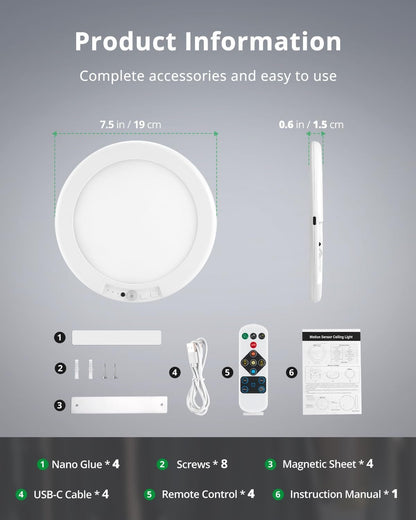 Bojim Battery Operated Ceiling Light 4 Pack, Rechargeable Motion Sensor Indoor Wireless Lamp with Remote, 3000K/4500K/6500K, 7.48in Dimmable Timed, for Shower, Closet, Pantry