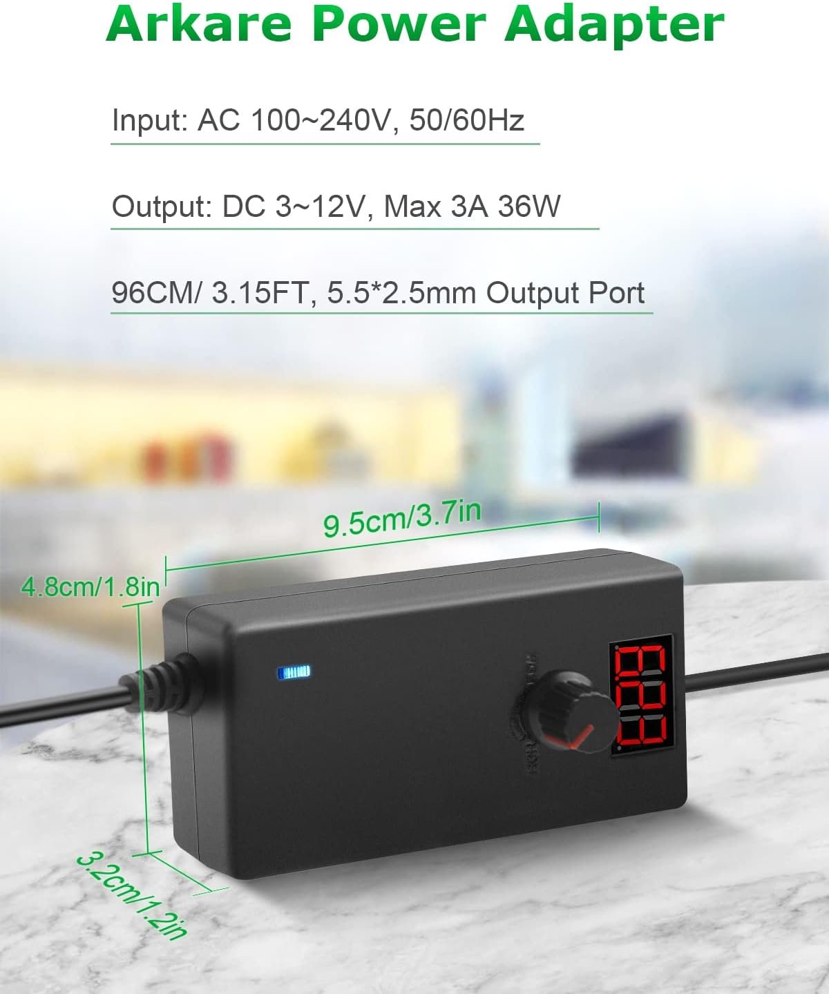 Arkare 36W Universal AC Adapter 12V 3A Variable Power Supply Adapter AC 100-240V to DC 3V 5V 4.5V 6V 9V 12V 3A 2A 1.5A 1A 0.5A Adjustable Switching Multi Voltage Power with 15 Tips+ Polarity Converter