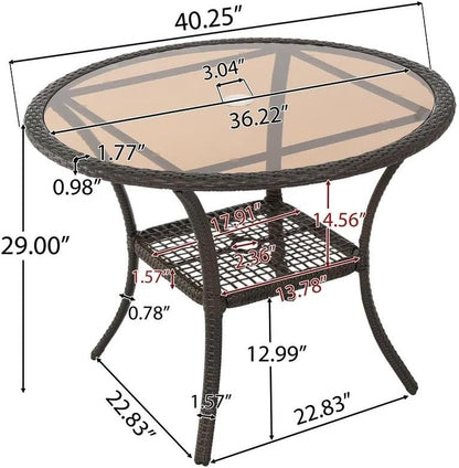 Round Patio Table,Wicker Rattan Table with Glass Tabletop,Outdoor Dining Table with Umbrella Hole for Garden,Balcony,Antique Brown