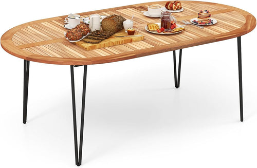 Tangkula 79-Inch Patio Dining Table, Indoor & Outdoor Dining Table w/Umbrella Hole, Acacia Wood Tabletop & Sturdy Metal Legs, Wood Oval Table for 8 People for Patio Yard Garden Deck