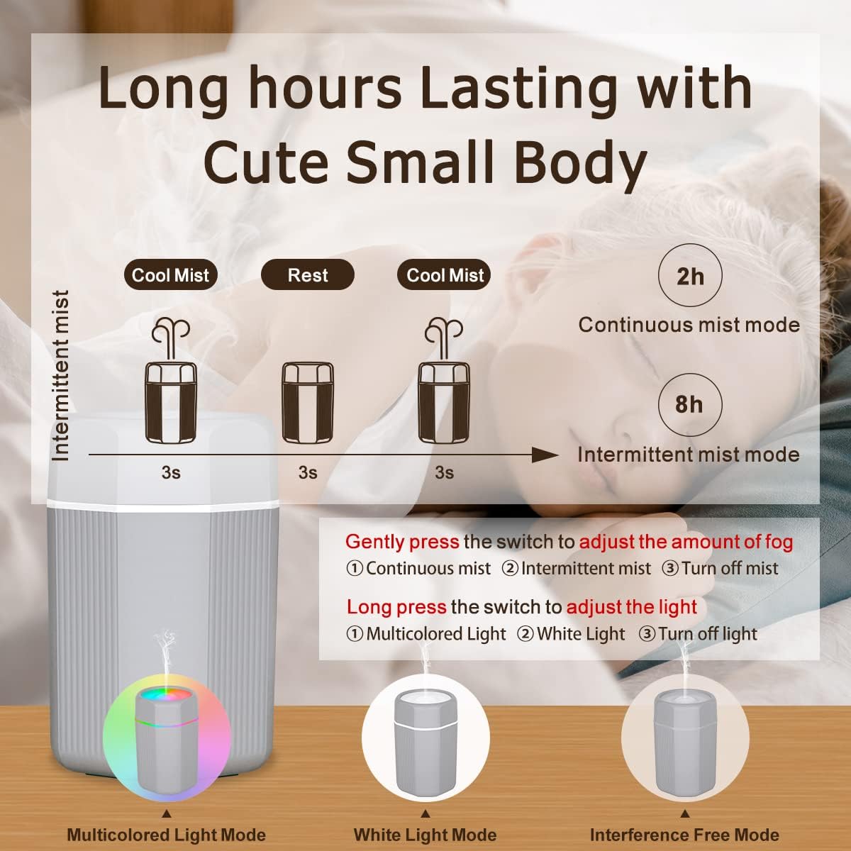 UCINNOVATE 300ml Essential Oil Diffuser, Cool Mist Humidifier with Colorful Lighting, USB Essential Oil Aromatherapy Diffuser for Home Bedroom Office, 2 Mist Modes, Auto Off Safety Function(Grey)