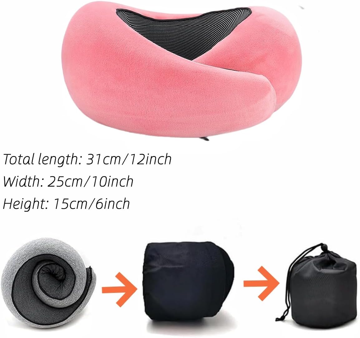 Travel Neck Pillow, Memory Foam Travel Pillow, 360 Degree Comfort and Breathable, Stowable U-Shaped Pillow Neck & Head Support, Portable Pillows for Airplane, Cars, Office (Pink, Velcro)