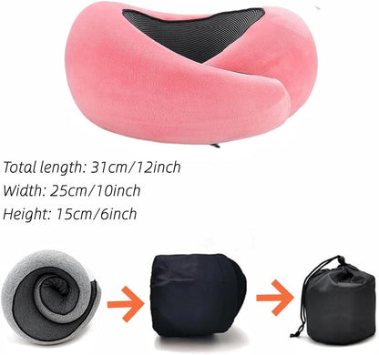 Travel Neck Pillow, Memory Foam Travel Pillow, 360 Degree Comfort and Breathable, Stowable U-Shaped Pillow Neck & Head Support, Portable Pillows for Airplane, Cars, Office (Pink, Velcro)