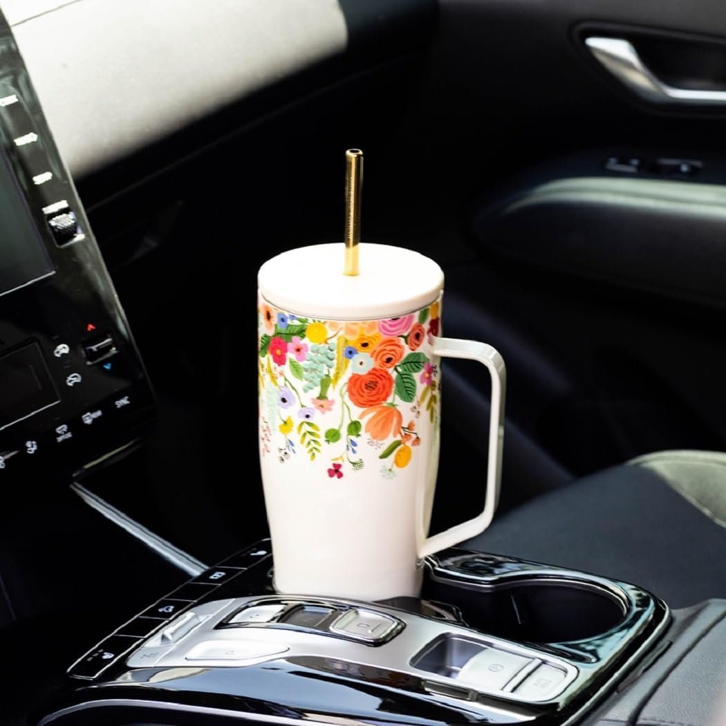Corkcicle Rifle Paper Co. Tumbler With Straw and Handle, Reusable Water Bottle, Triple Insulated Travel Mug, BPA Free, Keeps Beverages Cold for 12 Hours & Hot for 5 Hours, Garden Party Cream, 30 oz