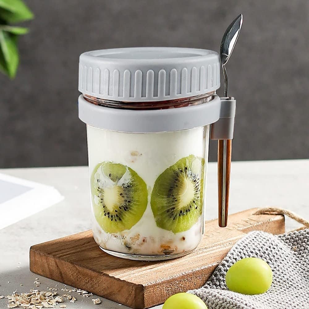 HJB VISSO Glass Jars, Overnight Oats Container with Lid and Spoon [4 Pack], Overnight Oats Jars, 350ml / 10 oz Cereal, Milk, Vegetable and fruit Salad Storage Container with Measurement Marks