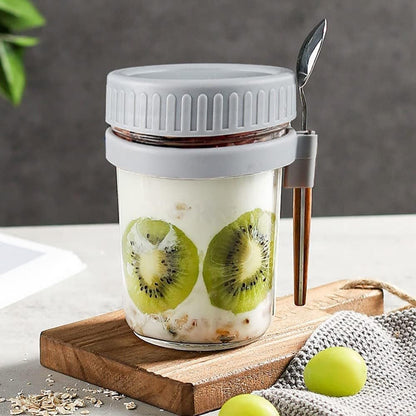 HJB VISSO Glass Jars, Overnight Oats Container with Lid and Spoon [4 Pack], Overnight Oats Jars, 350ml / 10 oz Cereal, Milk, Vegetable and fruit Salad Storage Container with Measurement Marks