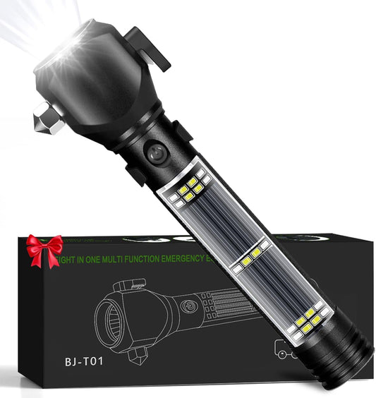 Serjur Rechargeable Solar Powered Flashlight,Multi Function LED Tactical Flashlight with Glass Breaker,Seatbelt Cutter,Alarm and Phone Charger,Powerful Handheld Flashlights for Emergencies Camping