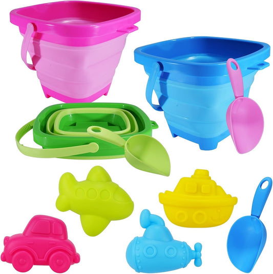 Holady Beach Bucket Sand Toy for Kids,10 PCS Kids Foldable Sand Bucket, Foldable Bucket Portable Silicone Pail and Beach Shovels Set for Kids Beach Play