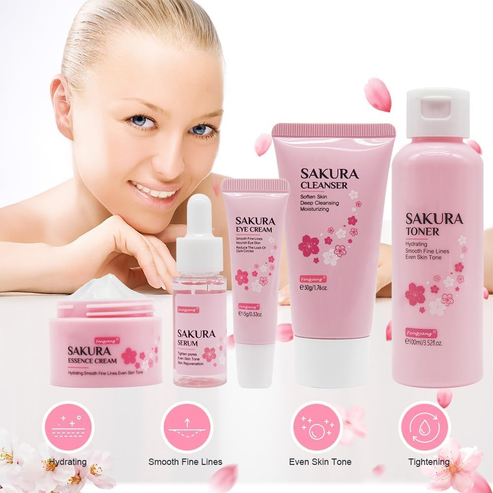 Fengyang® Sakura Skin Care Kit 5 Piece Skin Care Set Sakura Skin Care Kit Moisturizing Gift Women Facial Tool With Cherry Blossom Extract (5set)