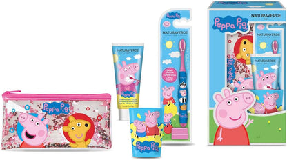 Naturaverde Peppa Pig Gift Set Oral Care, Manual Toothbrush, Children's Toothpaste Strawberry Flavour, 75 ml, Glitter Cup and Pouch