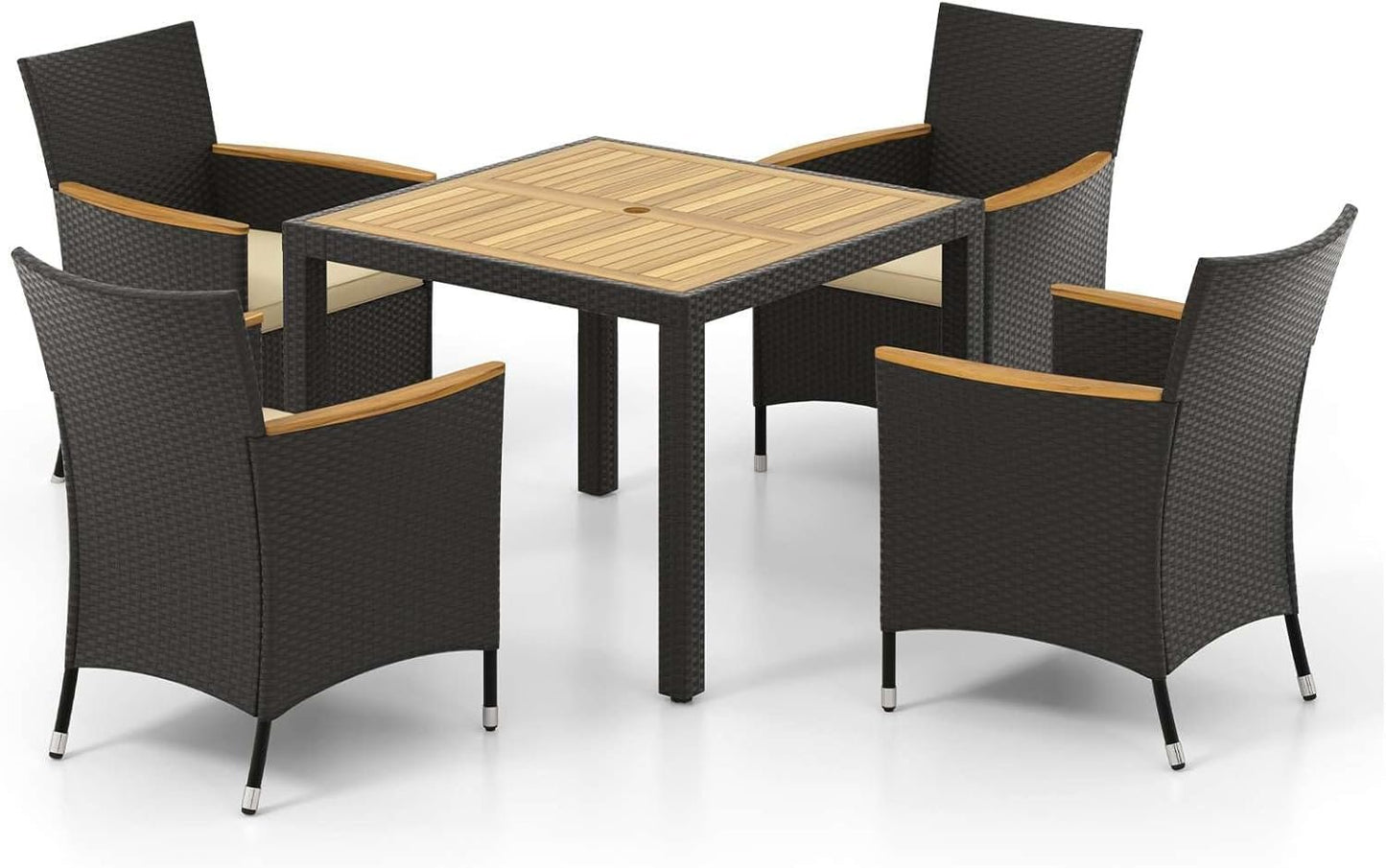 ORALNER 5 Pieces Outdoor Dining Set, Wicker Dining Table and Chairs Set with Acacia Wood Table Top, Seat Cushions, Rattan Patio Dining Table Set for 4, Garden Yard Poolside Deck, Brown