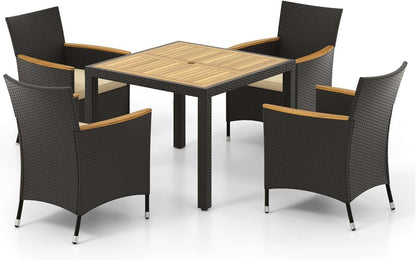 ORALNER 5 Pieces Outdoor Dining Set, Wicker Dining Table and Chairs Set with Acacia Wood Table Top, Seat Cushions, Rattan Patio Dining Table Set for 4, Garden Yard Poolside Deck, Brown