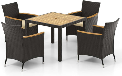 ORALNER 5 Pieces Outdoor Dining Set, Wicker Dining Table and Chairs Set with Acacia Wood Table Top, Seat Cushions, Rattan Patio Dining Table Set for 4, Garden Yard Poolside Deck, Brown