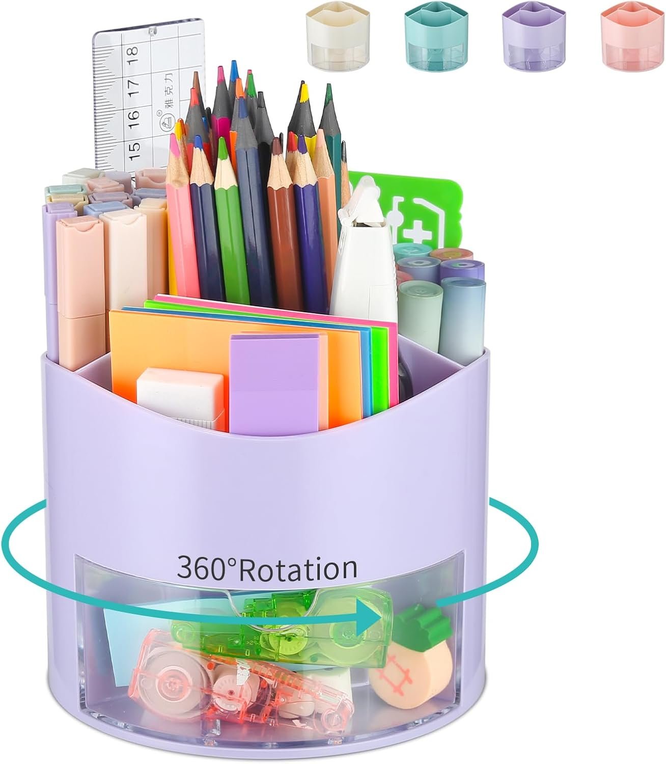 Desk Pencil Pen Holder 4 Slots 360-Degree Rotating Pencil Pen Organizers with Drawer Desktop Storage Stationary Supplies Organizer Pen Cup Pot for Desktop Accessories Office Classroom Purple