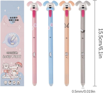 Cute Dog Pens for Kids - Erasable Ergonomic Gel Ink Pens,4X Portable Student Stationery, Cartoon School Supplies for Study, Meeting, Work, Daily Life