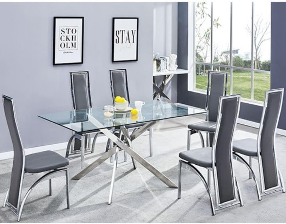 Take Me Home Furniture Solei Modern Rectangular Dining Table | Clear Tempered Glass Table Top - Stainless Steel Trestle Base | Glam Overlapping Legs, Dining Room Table Furniture, Easy Assembly