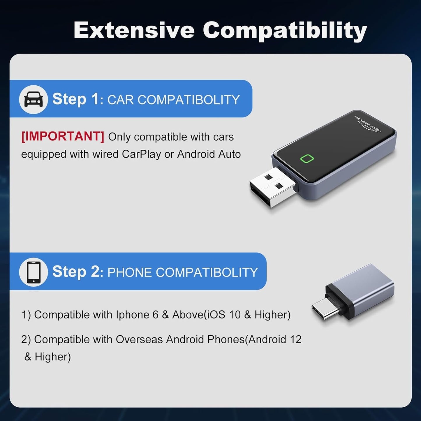 2-in-1 Wireless CarPlay Adapter for iPhone & Android - Bluetooth 5.4 & Dual-Band WiFi - Plug & Play - Stable -20°C Cold Weather Performance - Zero Delay Steering Wheel Control with USB-C Adapter