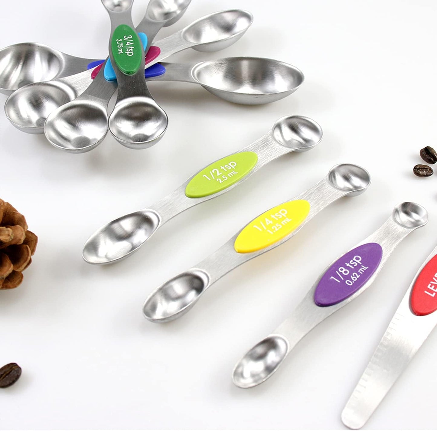 Magnetic Measuring Spoons Set, 7 Measuring Spoons and Cups 1 Leveler Stainless Steel Dual Sided Stackable Teaspoon for Liquid and Dry Ingredients