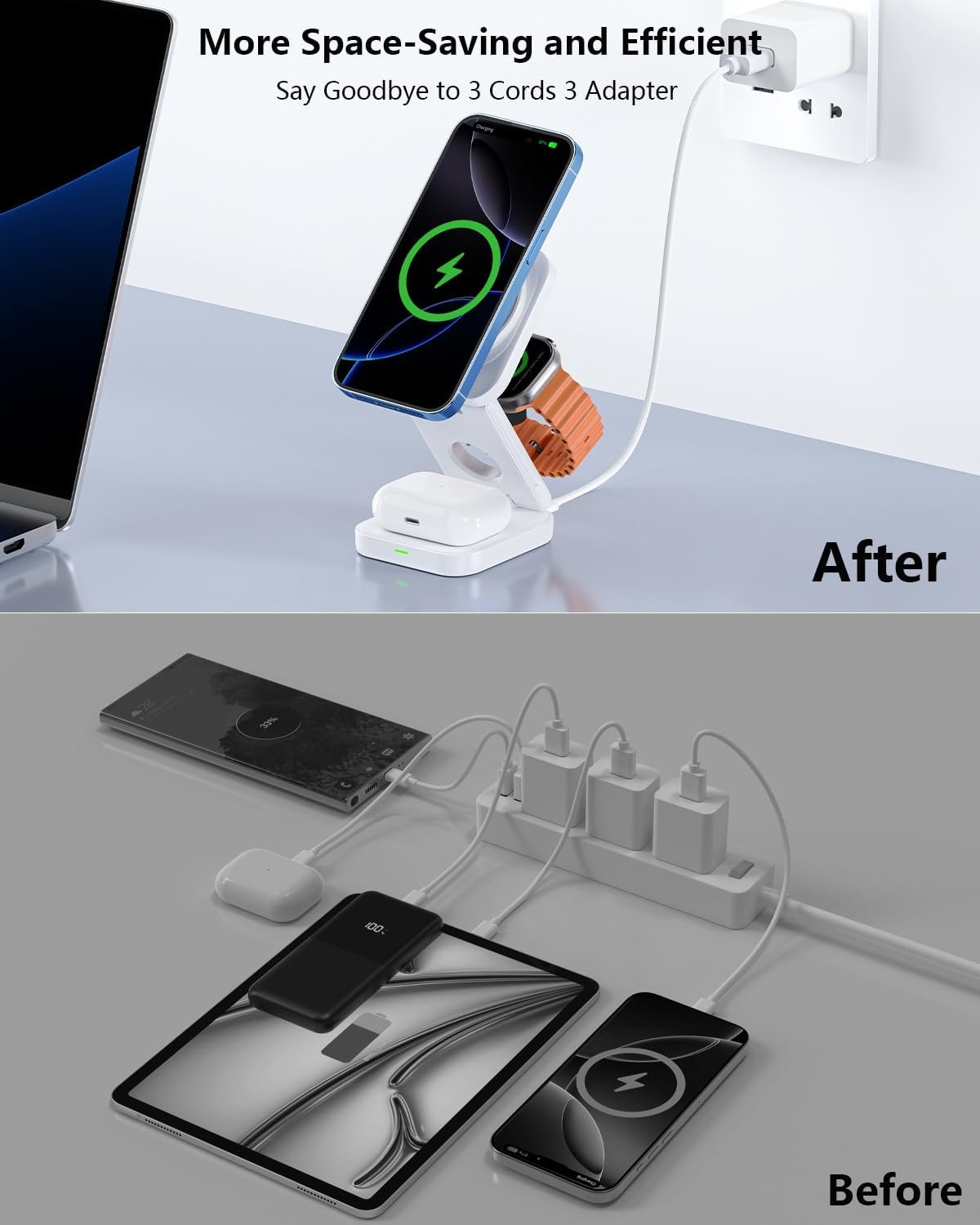 3 in 1 Wireless Charger,Magnetic Foldable Fast Wireless Charger Station Compatible with iPhone 15/14/13/12/Pro/Plus/Pro Max,5W for Apple Watch 9/8/7/6/5/4/3/2/SE/Ultra 2, AirPods 3/2/Pro (White)