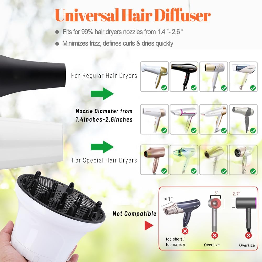 Universal Hair Diffuser, Hair Dryer Diffuser Attachment for Curly and Natural Wavy Hair, Professional Blow Dryer Diffuser, Adjustable from 1.4 Inch to 2.6 Inch