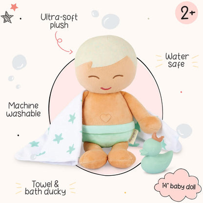LullaBaby 14-inch Washable Soft Body for Real Water Play Doll - Blond Hair & Tub Accessories - Toddler Toys - Kids Ages 2 Years Old & Up - Plush Baby Bath Doll-Boy, Multicoloured, LBY7277Z