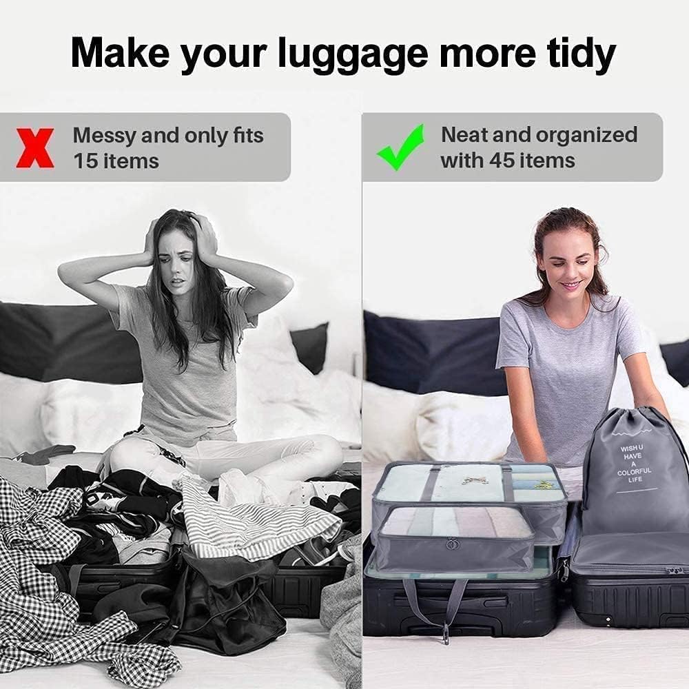 My Corgi Living 8-Piece Cube Travel Luggage Organizer Set - Efficient Luggage Separators & Travel Storage Cubes with Toiletry Makeup Bag, Shoe Bag - Perfect for Families, Men & Women (Grey)