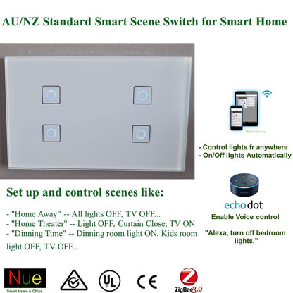 Nue ZigBee Smart Light Switch, Dimmer, Fan Switch, Curtain Blind Switch Power Point GPO, Light Controller and in_Ceiling Dimmer (4 Key Scene Switch)