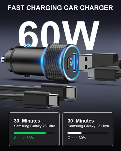Car Charger C 60W, USB Car Cigarette Lighter Adapter PD&QC3.0 Quick Charge Car Phone Charger with USB C Cable for Samsung Galaxy S25 S24 S23 S22 S21, iPhone 16 15 Pro Max/Plus