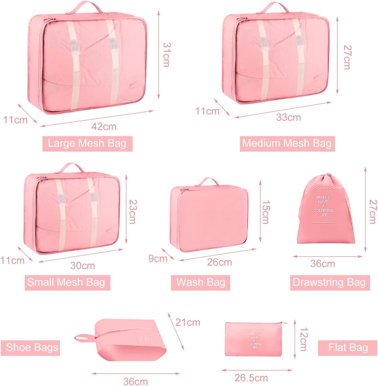 RISVOWO 7 Pieces Packing Cubes, Suitcase Organizer, Travel Suitcase Organizer, Travel Organizer, Storage Bag Organizer, Storage Suitcase Set, for Clothes, Shoes, Cosmetics (Pink)
