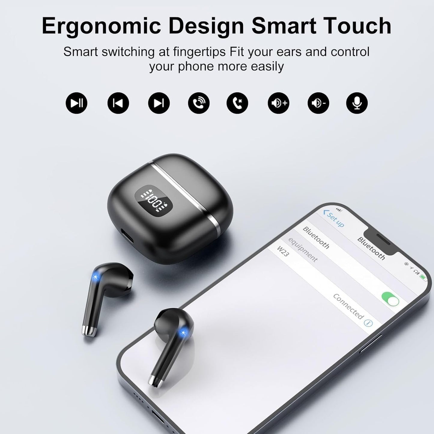 Wireless Earbuds - in Ear Headphones Bluetooth 5.3 with ENC Noise Cancelling Mics - HiFi Stereo Deep Bass - LED Display - USB-C Fast Charging - 40 Hours Playtime - Earphones for Sports, Work, Leisure