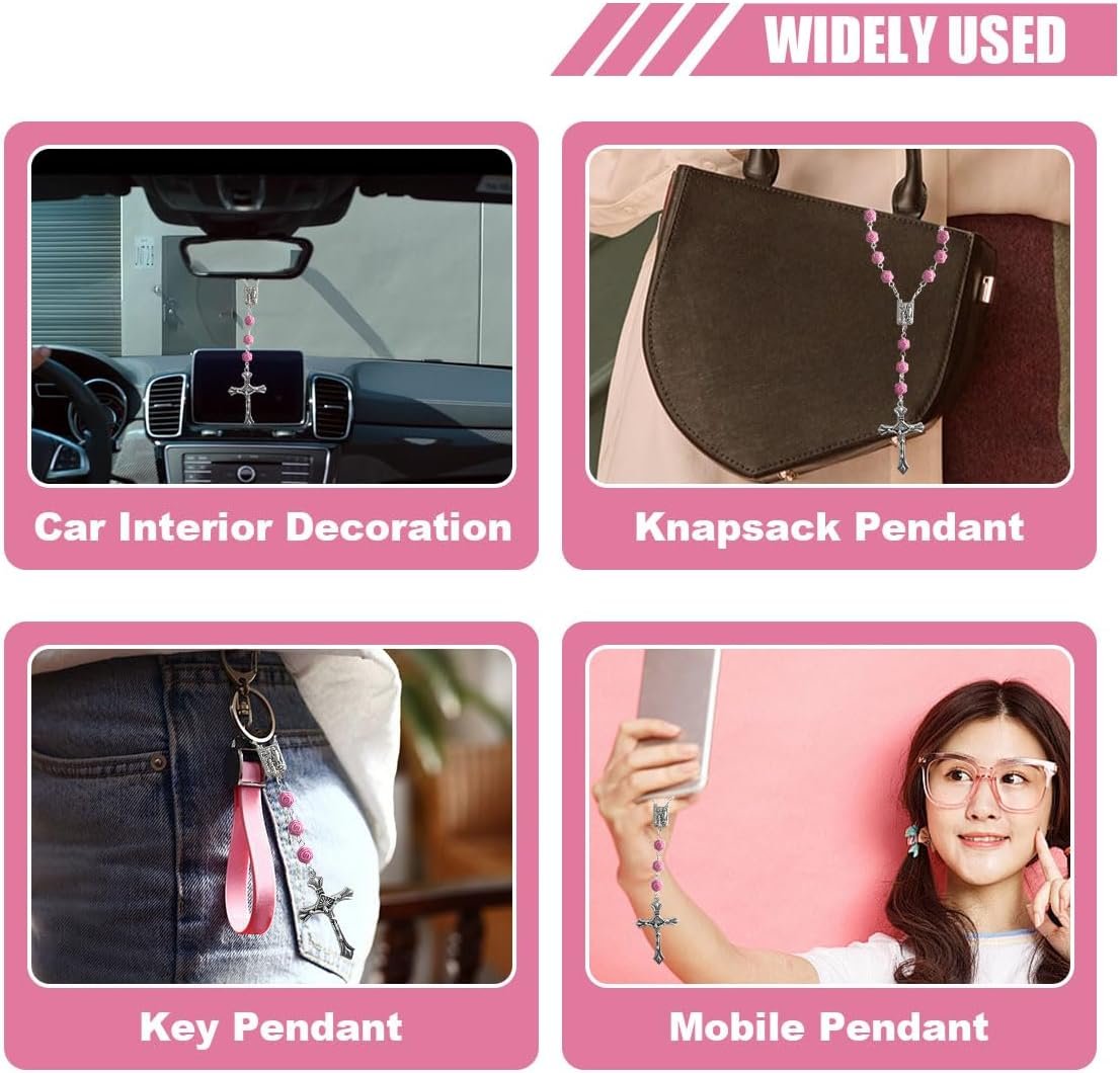Smilfuy 2PCS Car Rosary, Pink Rosary Pendant, Car Interior Rear View Mirror Charm, Auto Decors, Cross Personalized Hanging Accessories for Women Men (Rose)