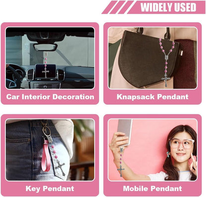 Smilfuy 2PCS Car Rosary, Pink Rosary Pendant, Car Interior Rear View Mirror Charm, Auto Decors, Cross Personalized Hanging Accessories for Women Men (Rose)