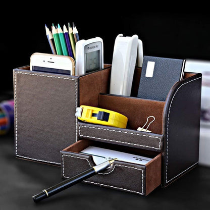 KINGFOM Wooden Struction Leather Multi-function Desk Stationery Organizer Storage Box Pen/Pencil,Cell phone, Business Name Cards Remote Control Holder with Small Drawer Brown
