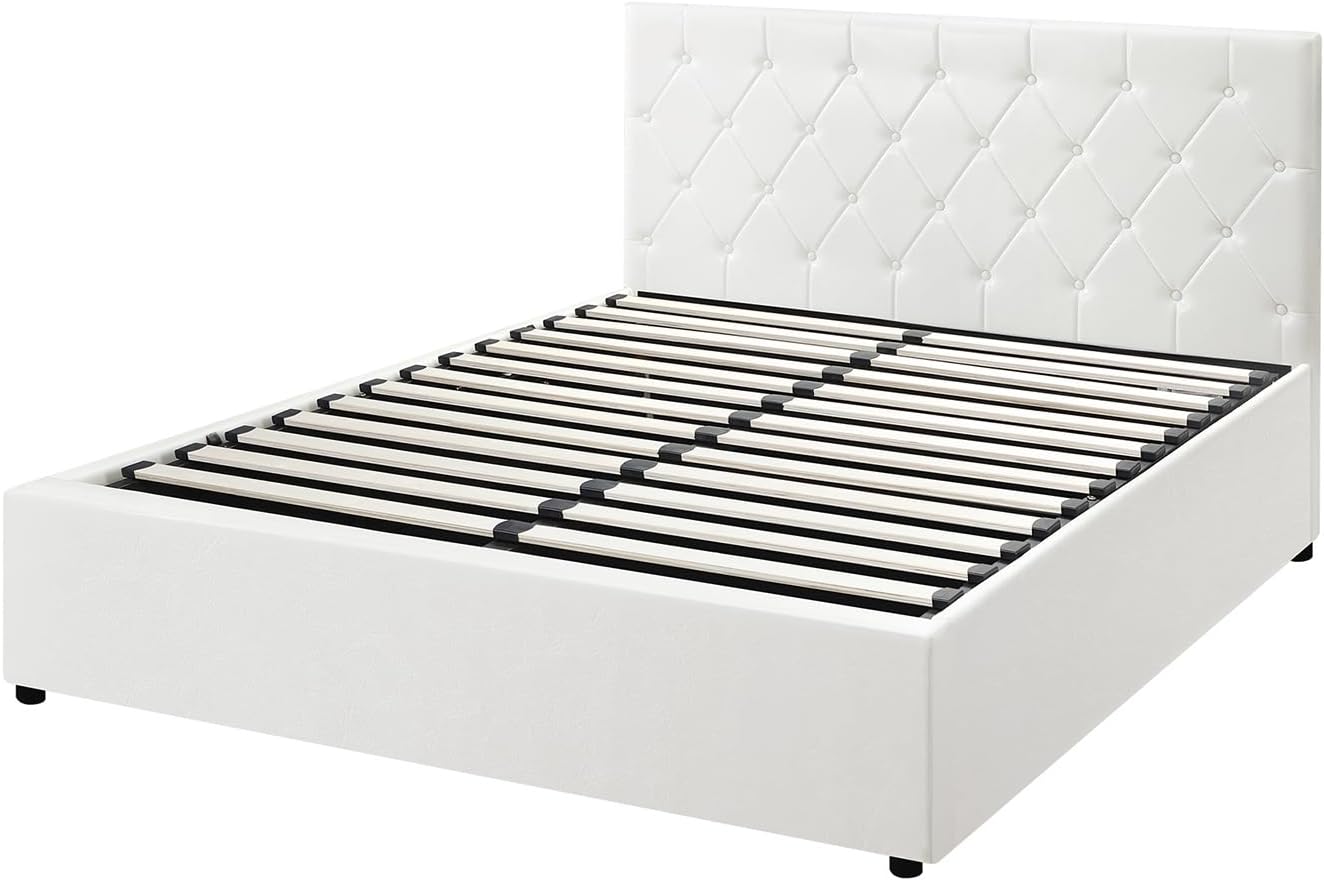 Oikiture Double Bed Frame with Storage and Gas Lift Leather Bed White