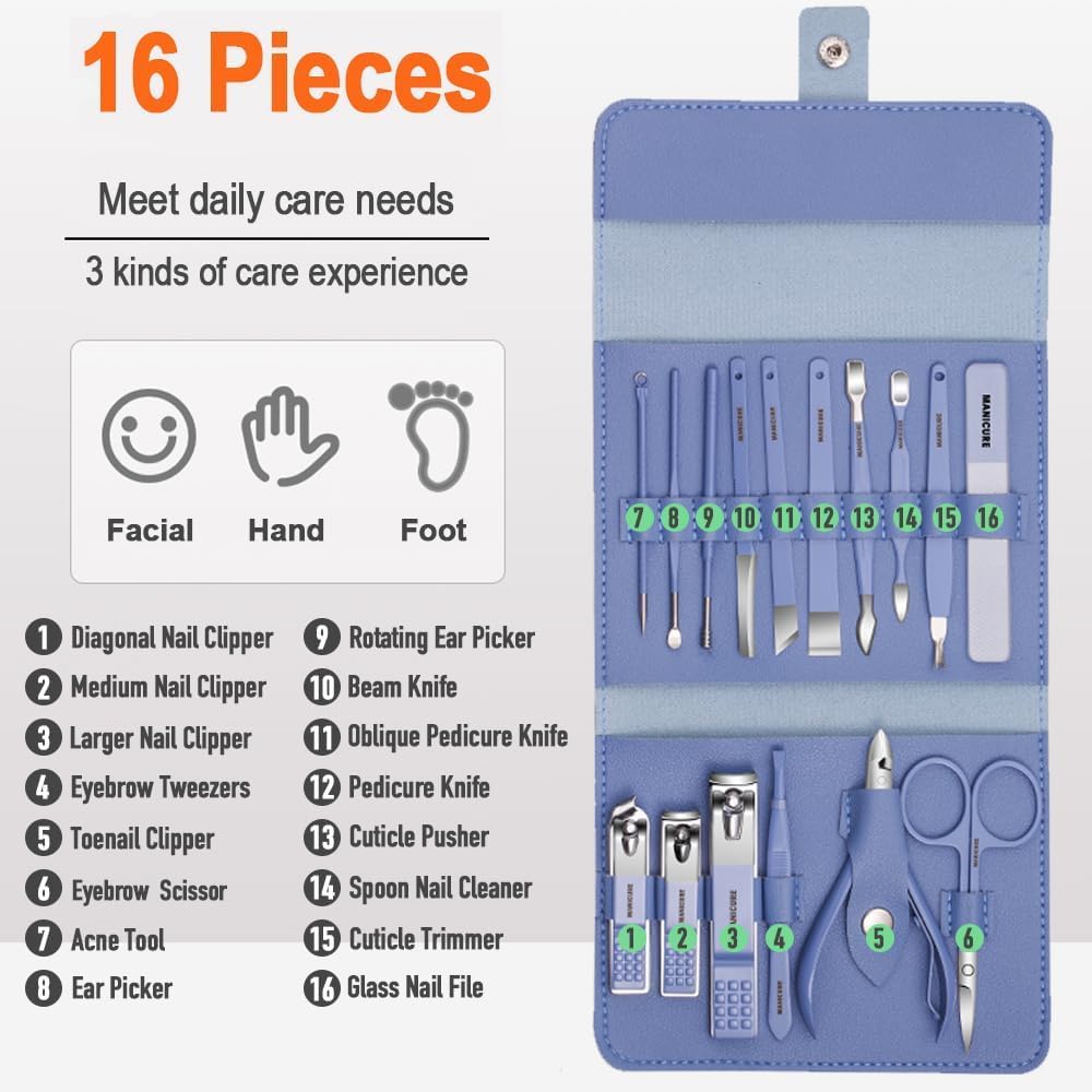Sawanork Manicure Set, Nail Clippers Pedicure Kit, 16 Pieces Stainless Steel Manicure Kit, Personal Nail Care Tools, Professional Grooming Kits with Travel Leather Case for Thick Nails (Blue)