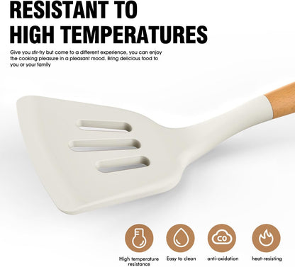 Silicone Kitchen Utensils Set, Silicone Kitchen Utensils for Cooking Wooden Handles, Heat Resistant Up to 230℃, Kitchen Spatula Set with Stand, Cookware Gadgets