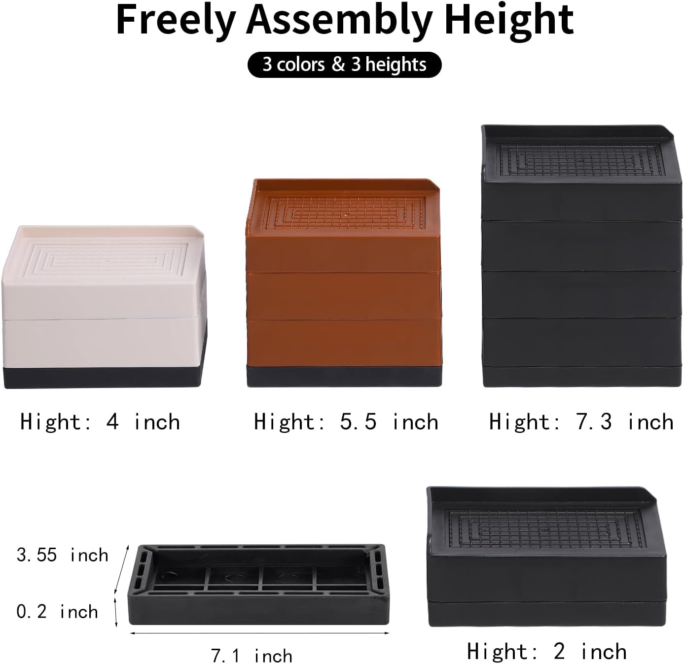 LUCKYQTQH Bed Risers Adjustable Furniture Risers Heavy Duty，Rectangle Bed Risers 3 Inches，Desk Risers for Sofa Couch Bed Frame ，Supports Up to 3000 lbs (4 Piece Set)