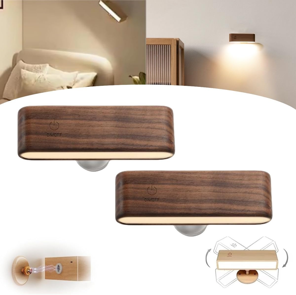Generico 360 Rotation LED Wood Wall Lamps,Battery Operated Touch Control Wood Wall Sconces,Wireless Dimmable Wall Light,Magnetic Rechargeable Reading Light with 3 Color Temperature for Living Bedroom