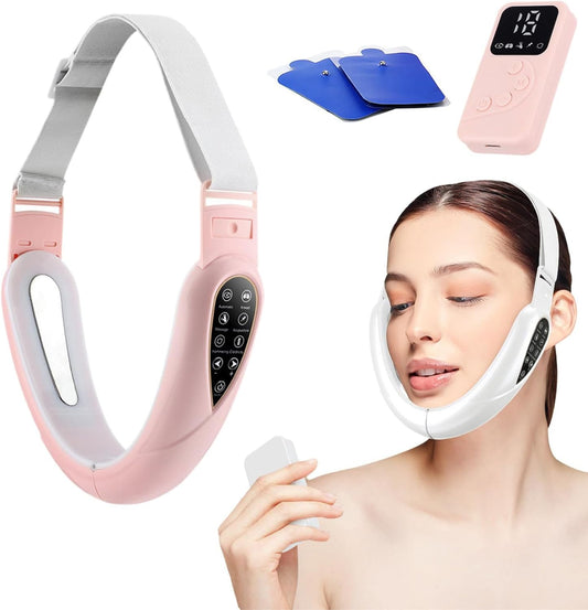 Contourflex 4-in-1 Massager for Face, Contour Flex Facial Sculpting Device for Double Chin, 5 Nursing Modes & 15 Levels of Intensity &180° Foldable, Reduces Sagging Skin (Pink)