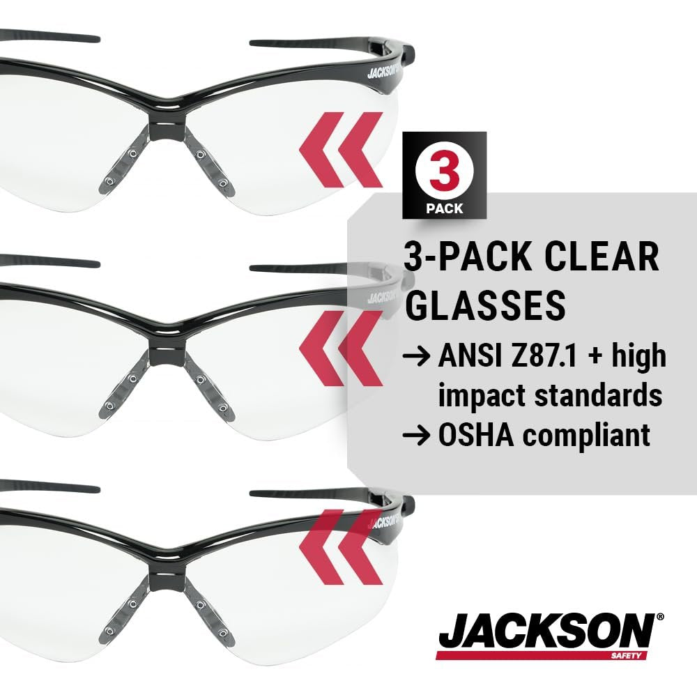 Jackson Safety SG Safety Glasses - Eye Protection for Men & Women - Anti-Scratch Lens with Black Frame - ANSI Z87.1 - Pack of 3 (Multiple Styles)