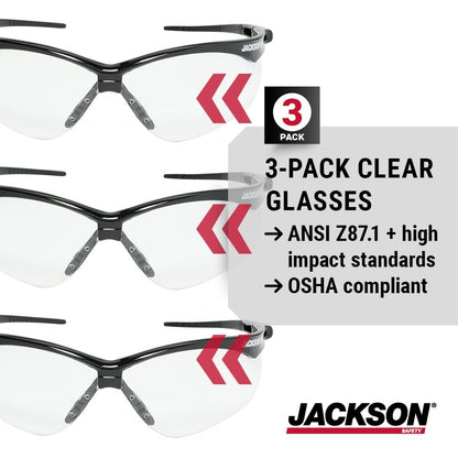 Jackson Safety SG Safety Glasses - Eye Protection for Men & Women - Anti-Scratch Lens with Black Frame - ANSI Z87.1 - Pack of 3 (Multiple Styles)