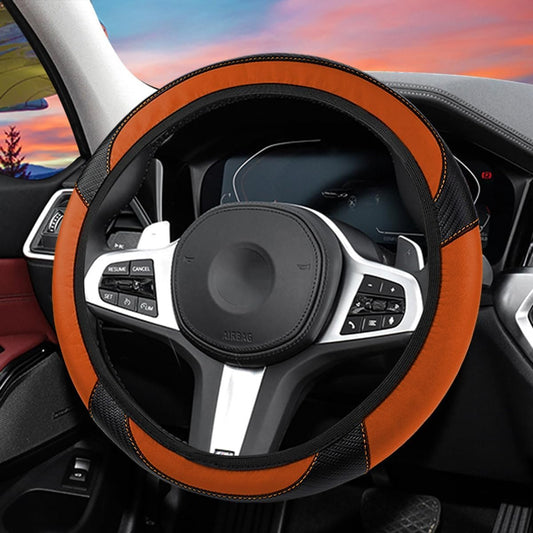 Bittwee Car Steering Wheel Cover, Anti-Slip PU Leather & Carbon Fiber Steering Wheel Protector, Universal 14.5-15 Inch, Automotive Interior Accessories, Fit for Most Cars SUVs (Orange)