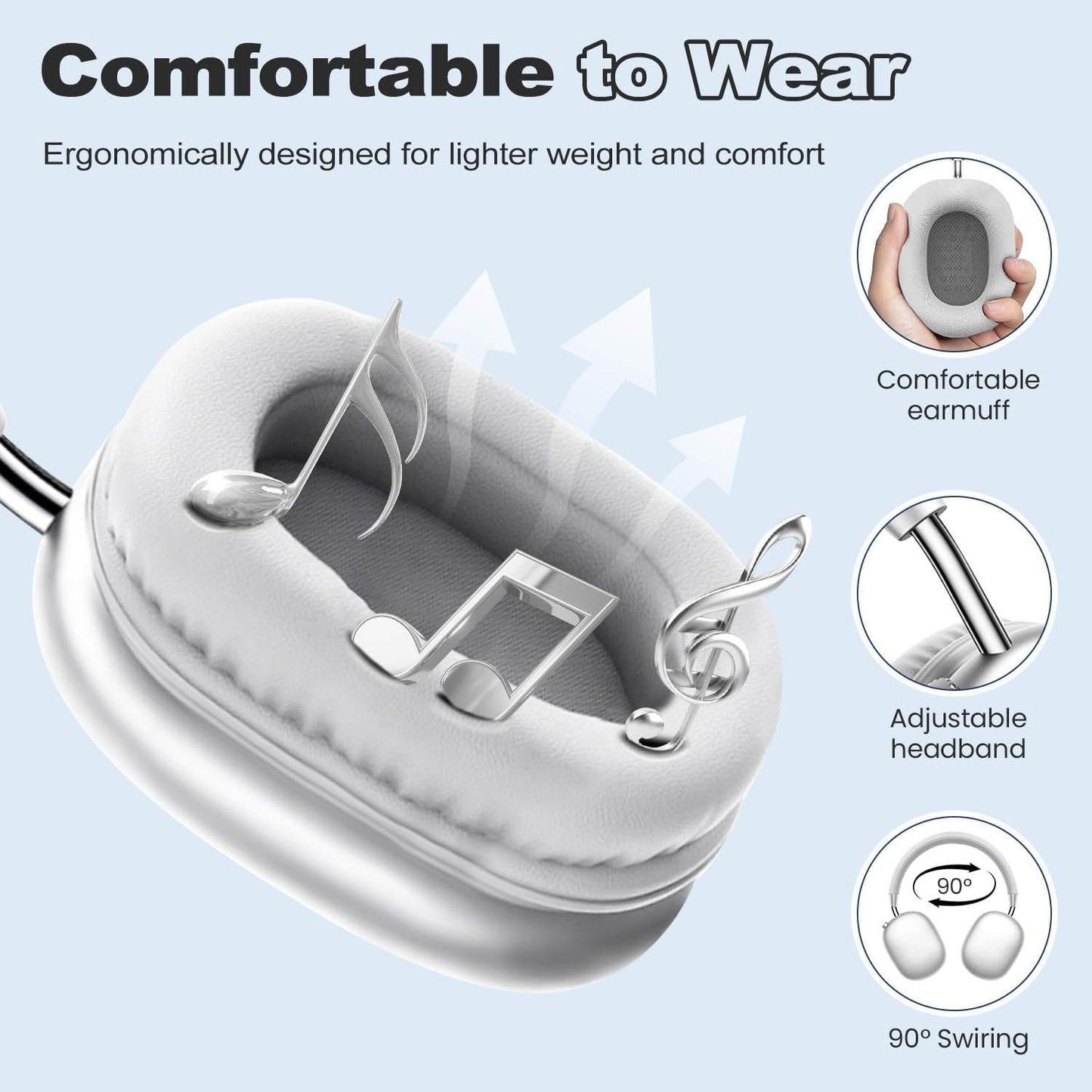 ZTOZ Wireless Headphones Over-Ear Bluetooth Adjustable 42 Hours of Listening Time Volume Control, Fitting in Gaming/Running/Sports Headphones for iPhone/Android/Samsung - Silver