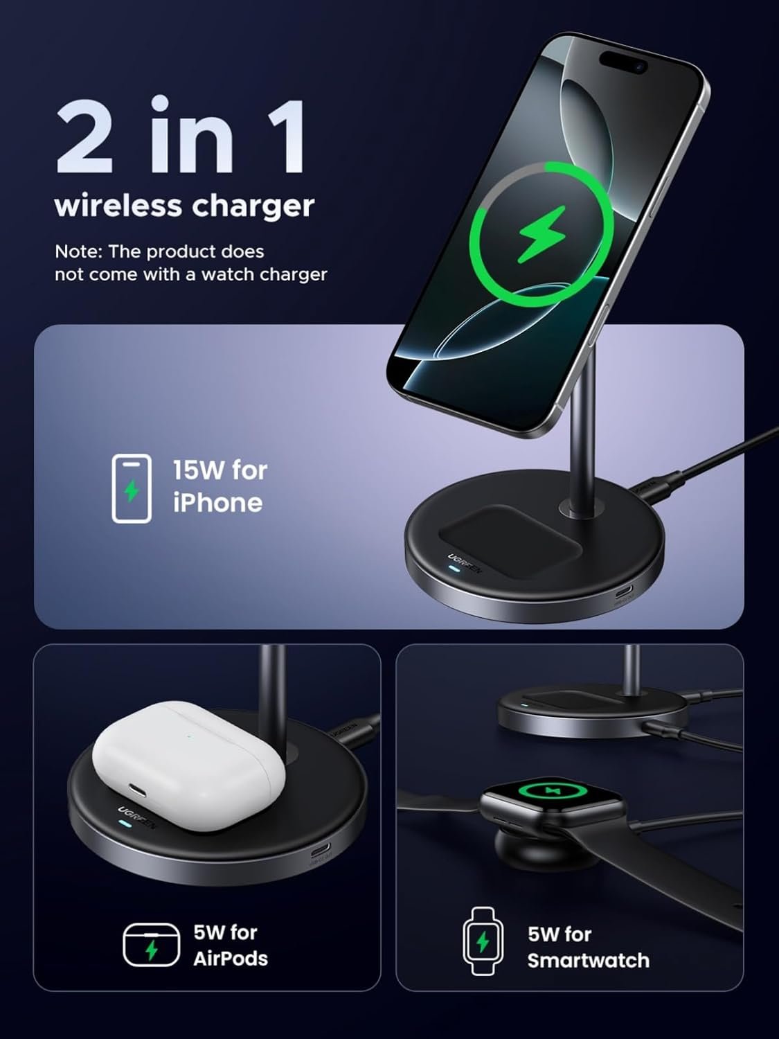 UGREEN MagFlow Qi2 Wireless Charger, 15W 2-in-1 Magsafe Charge Stand, Magnetic Station with 1M USB-C Cable for iPhone 16/15/14/13/12 Series and AirPods 4/3/2/Pro (No AC Adapter)